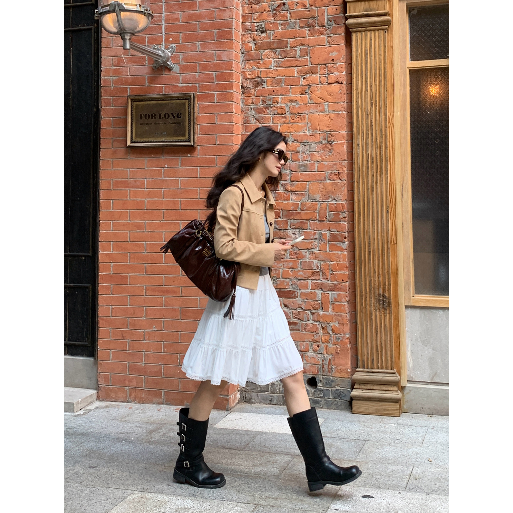 pusumede【现货7.5折】卡其色翻领仿麂皮绒短外套女廓形夹克上衣