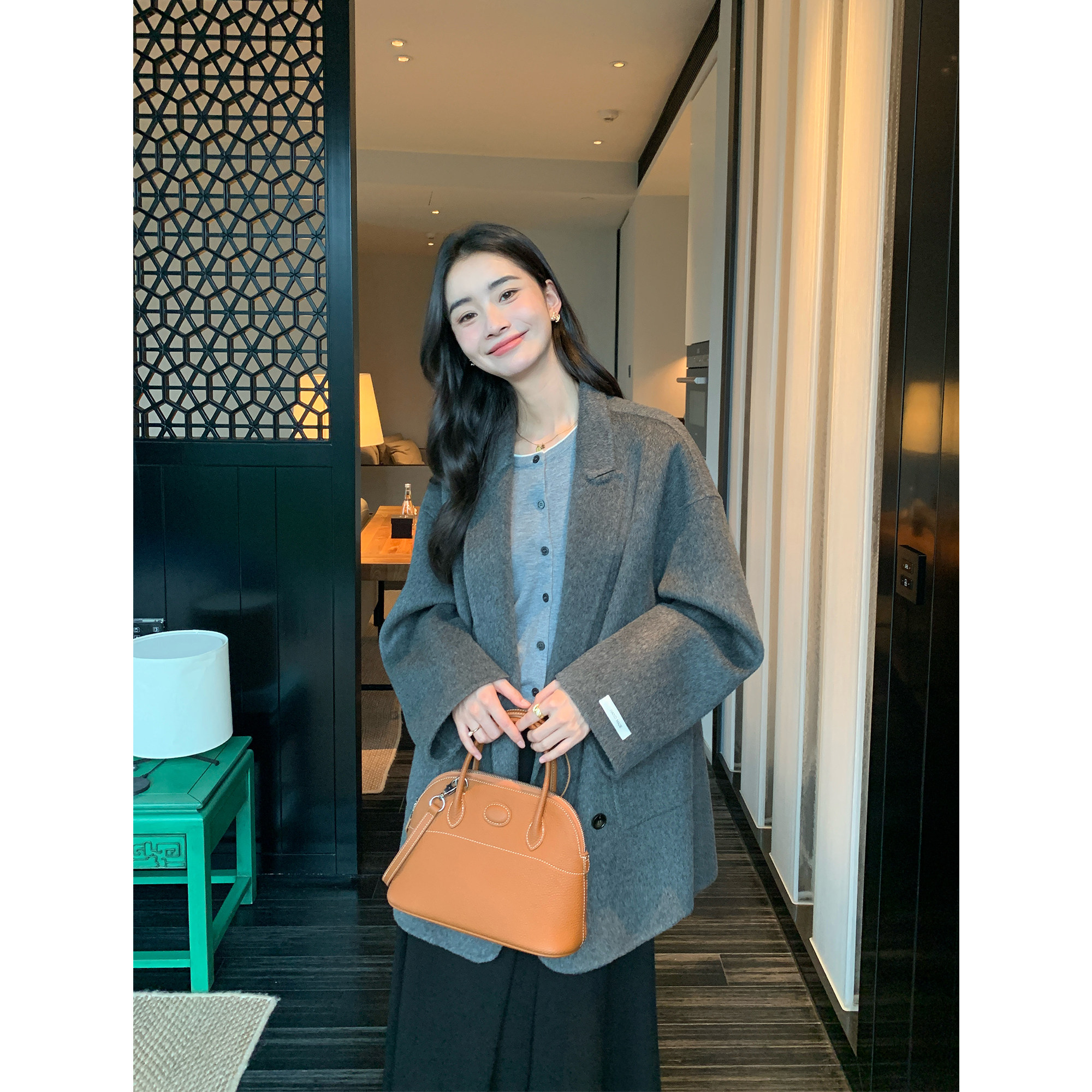 pusumede黑色1OO羊毛双面呢高级感毛呢外套女加厚短款呢子大衣