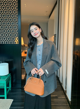 pusumede黑色1OO羊毛双面呢高级感毛呢外套女加厚短款呢子大衣
