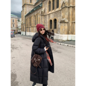 pusumede 保暖白鸭绒宽松过膝外套 新款 黑色连帽长款 羽绒服女冬季