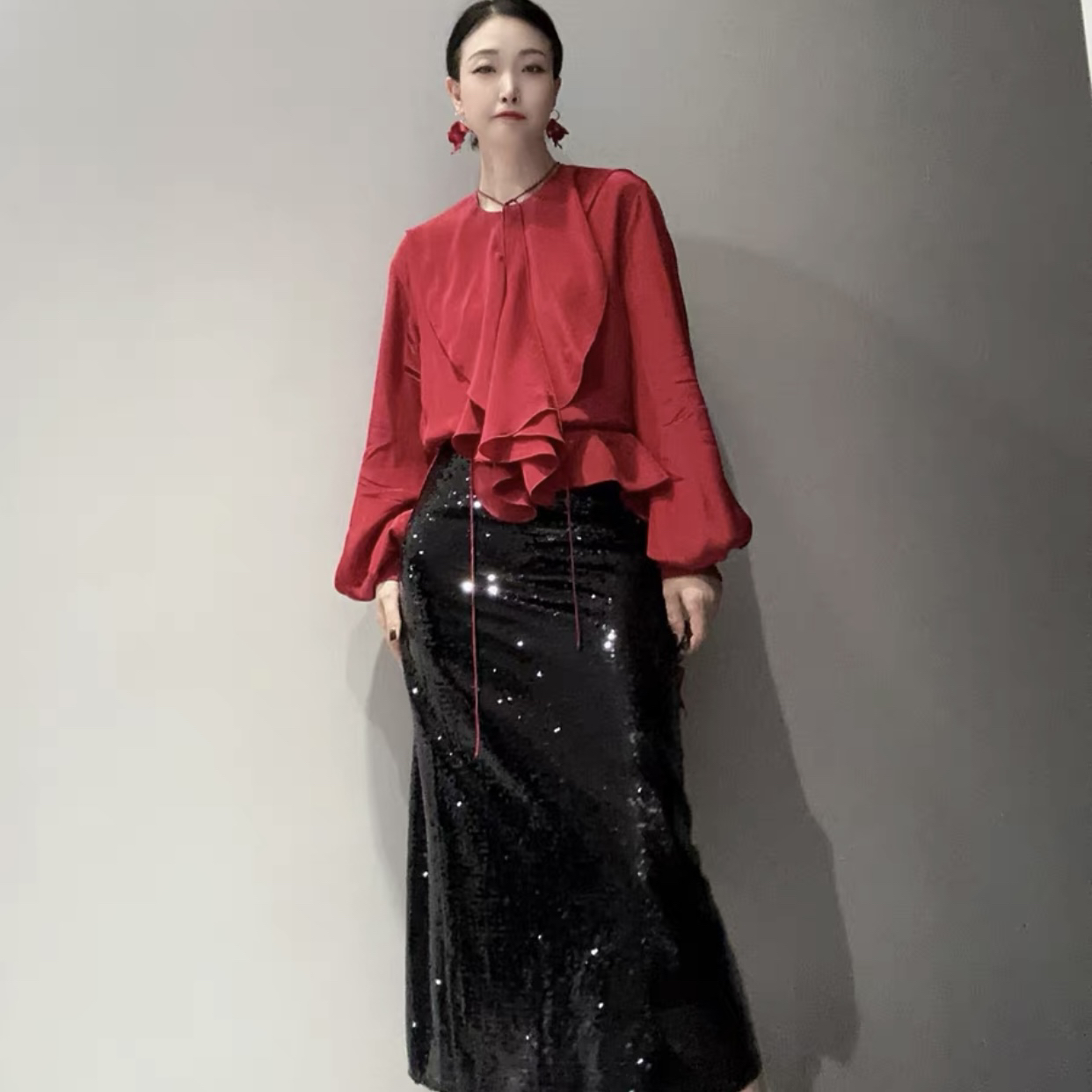 MT9716双层大荷叶领阔版衬衣醋酸粘纤重工设计感上衣安卡拉红色