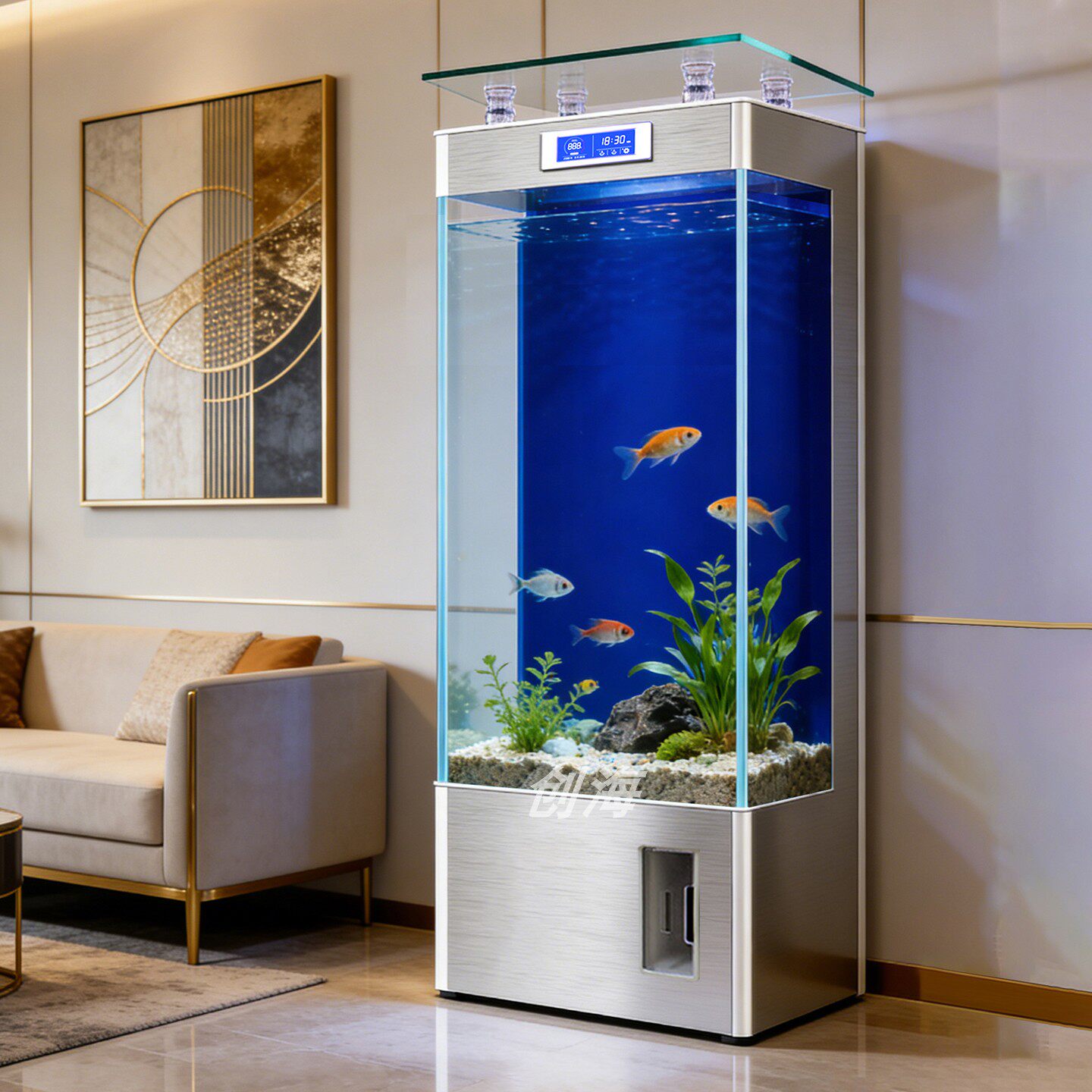 鱼缸客厅2026新款超白玻璃过滤制氧一体机智能家用立式落地金鱼缸