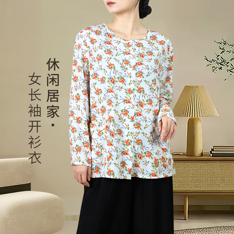 夏季新款女士绵绸长袖开衫衣妈妈装宽松休闲人造棉透气开衫上衣