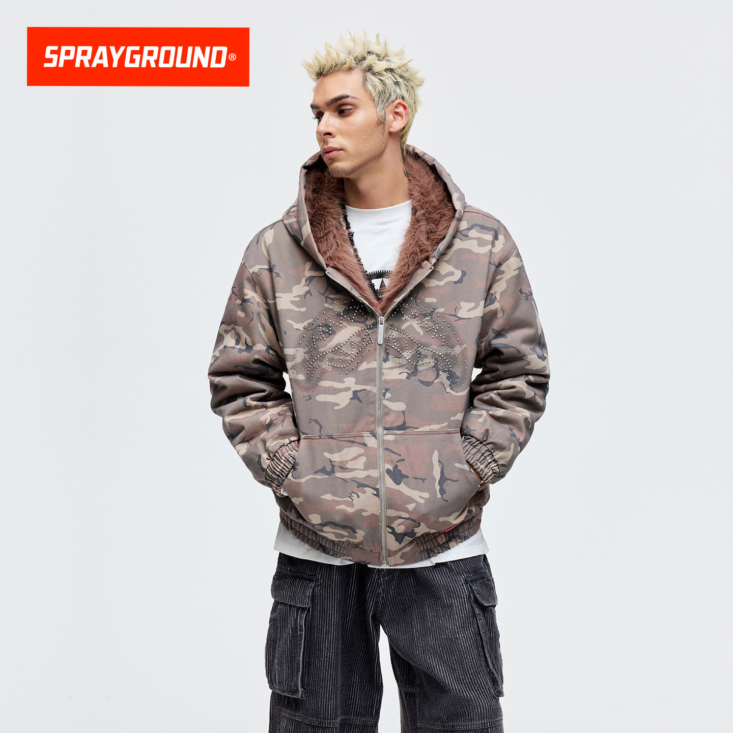 SprayGround鲨鱼嘴迷彩烫钻连帽夹克男冬季美式加绒加厚保暖外套