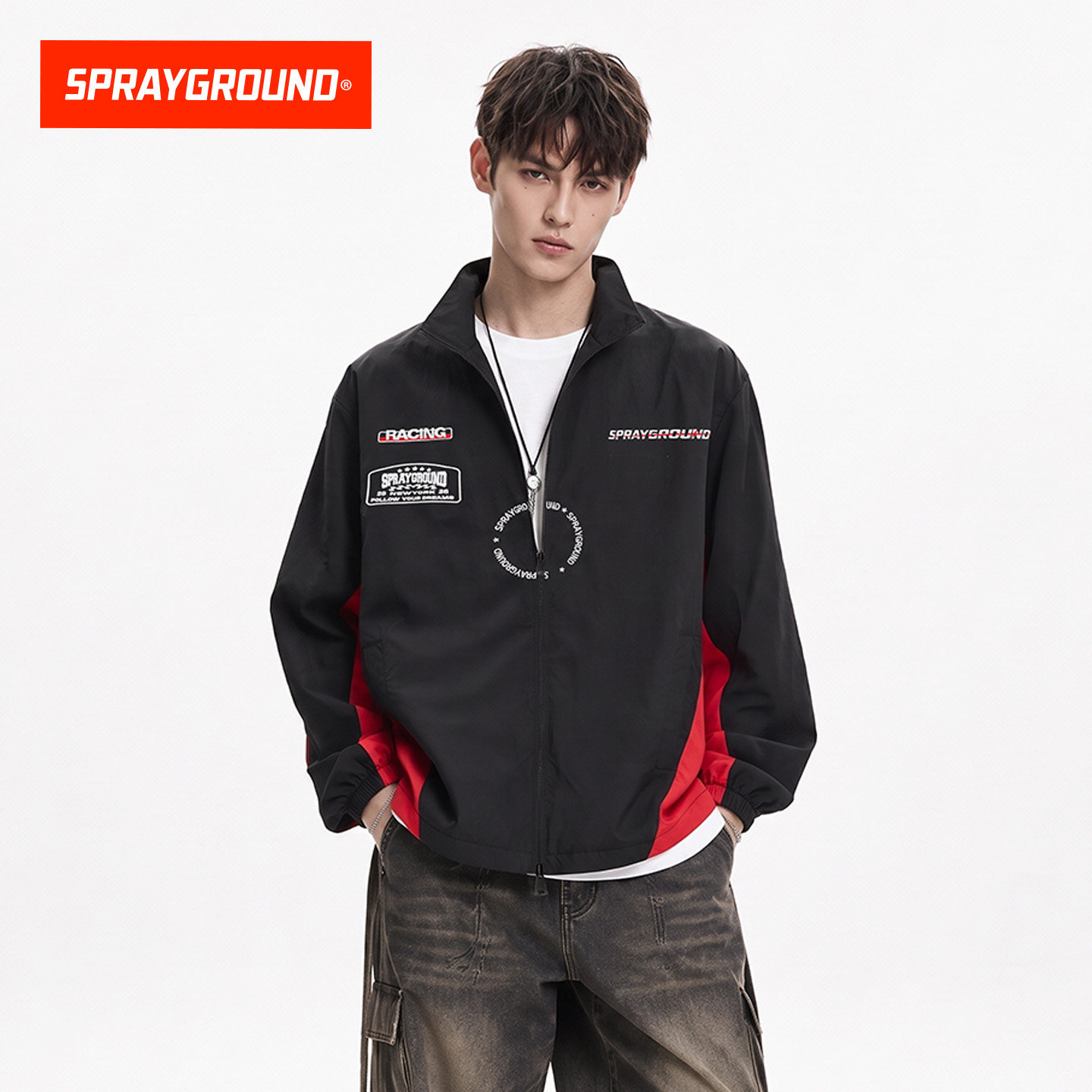 SprayGround美式复古撞色立领夹克男宽松运动外套拉链外套赛车风