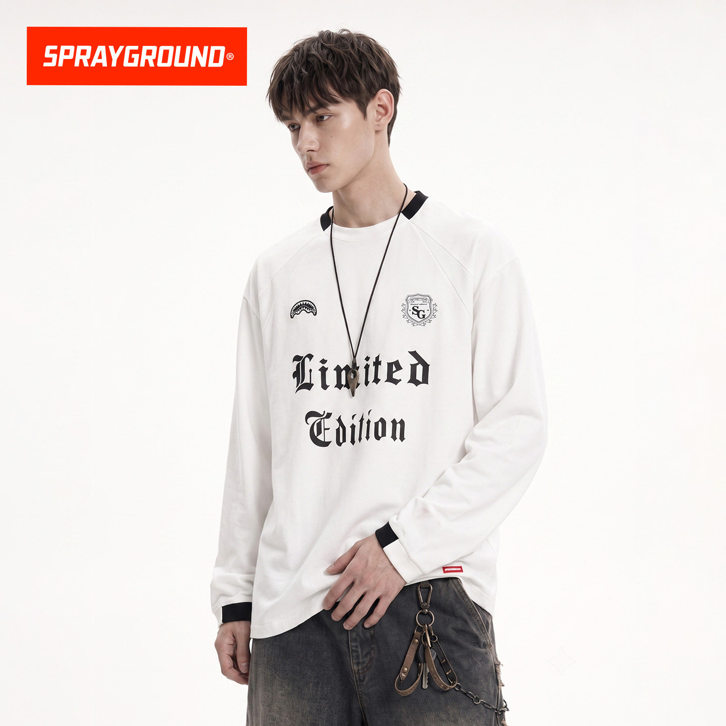 SprayGround鲨鱼嘴数字印花长袖T恤运动足球风简约百搭休闲风上衣