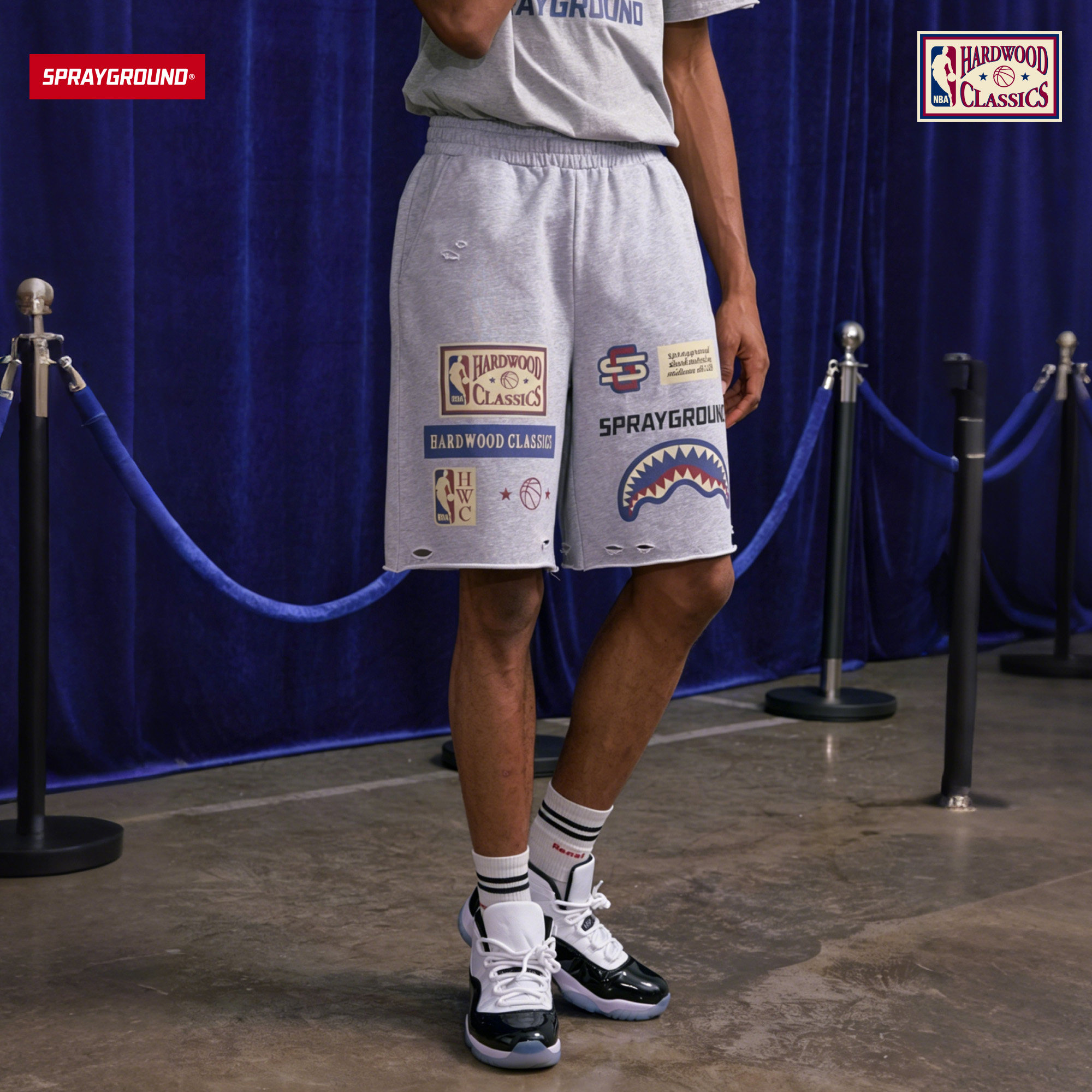 SprayGround丨NBA HWC联名系列鲨鱼嘴印花篮球运动休闲灰色五分裤