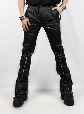 INSIDE OUT 暗黑先锋蜡染涂层小众高街多拉链休闲中腰微喇叭长裤