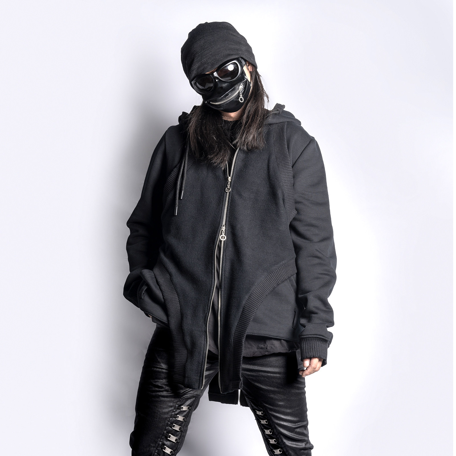 INSIDE OUT 暗黑先锋原创里布外翻不规则小众拉链黑色连帽卫衣男