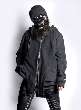 INSIDE OUT 暗黑先锋原创里布外翻不规则小众拉链黑色连帽卫衣男