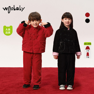 新年红丝绒中式套装|woobaby儿童棉服男女童25春季拜年保暖加绒裤