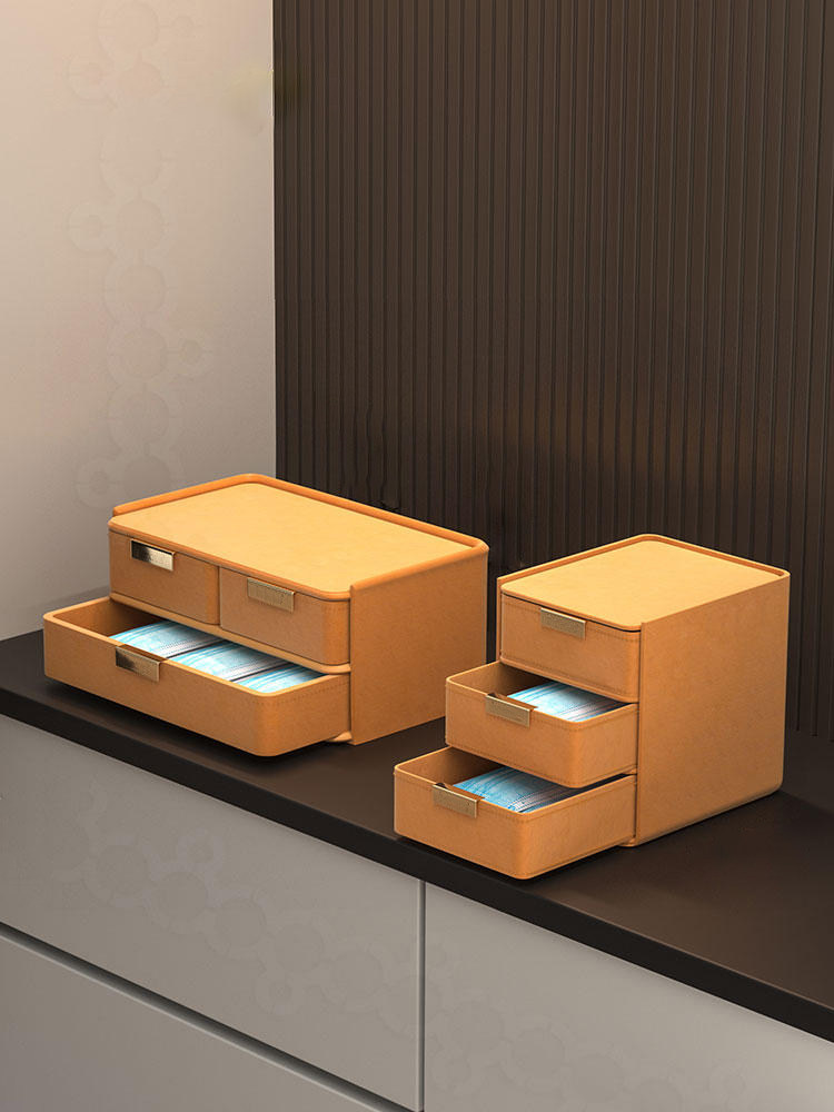 【桌面收纳爆款】家用玄关皮质抽屉式收纳储物盒化妆品整理盒防尘