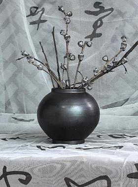 陶瓷花瓶高级感小口径中式花器中古插花器皿水培黑色覆古茶桌摆件