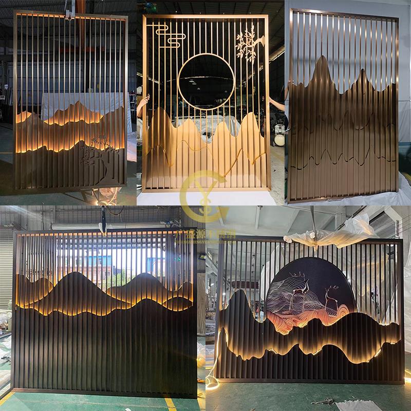 酒店KTV镂空轻奢山水背景墙 不锈钢屏风假山隔断玄关别墅户外庭院