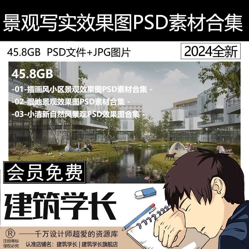 景观写实拼贴插画效果图PSD素材合集大礼包湿地公园效果图