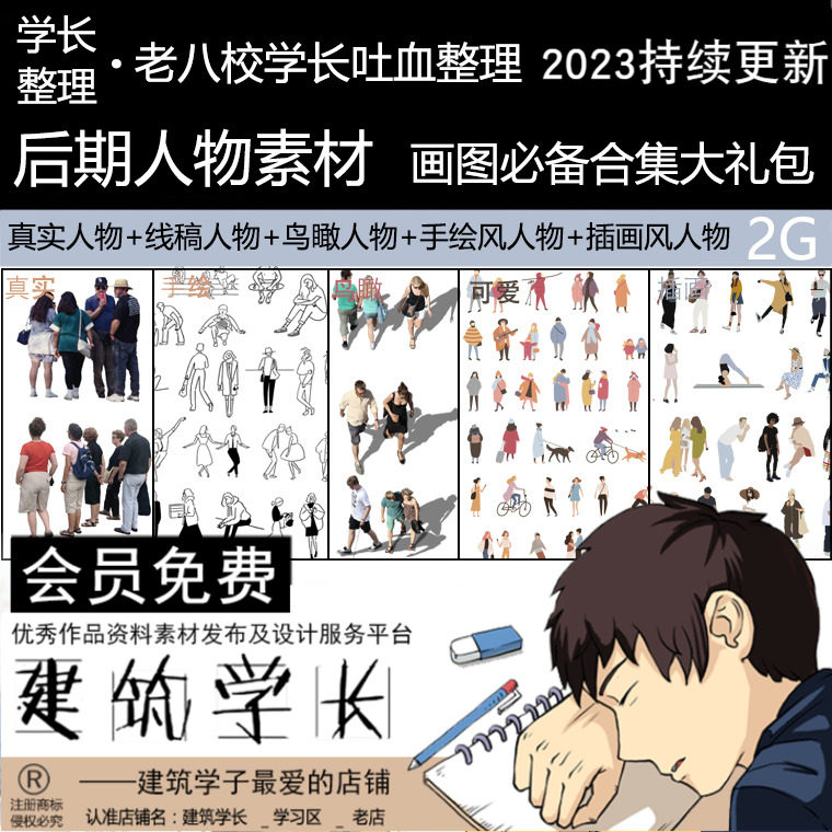 超全手绘插画风黑白线稿真实人物ps素材合集鸟瞰顶视效果图配景