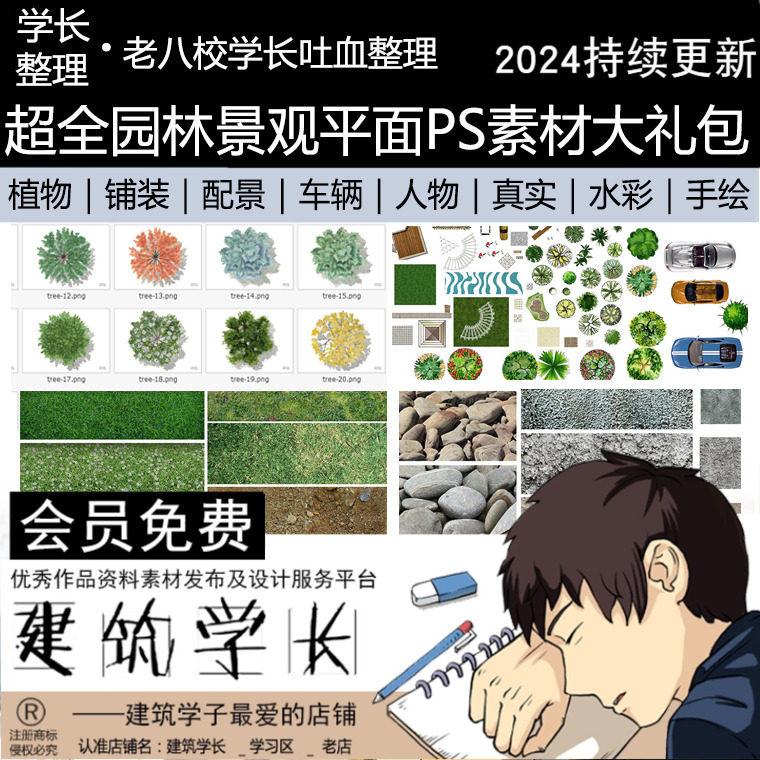 建筑学长超全园林景观总平面PSD素材植物辅装人车亭小品水彩手绘图片