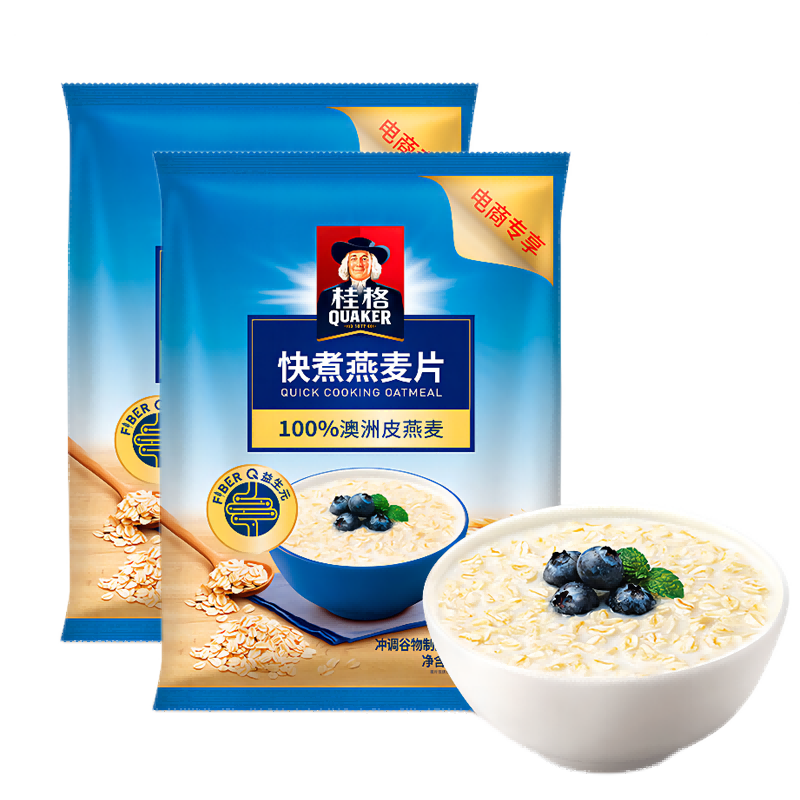 桂格 快煮快熟纯燕麦片1000克*2袋原味早餐无蔗糖冲调