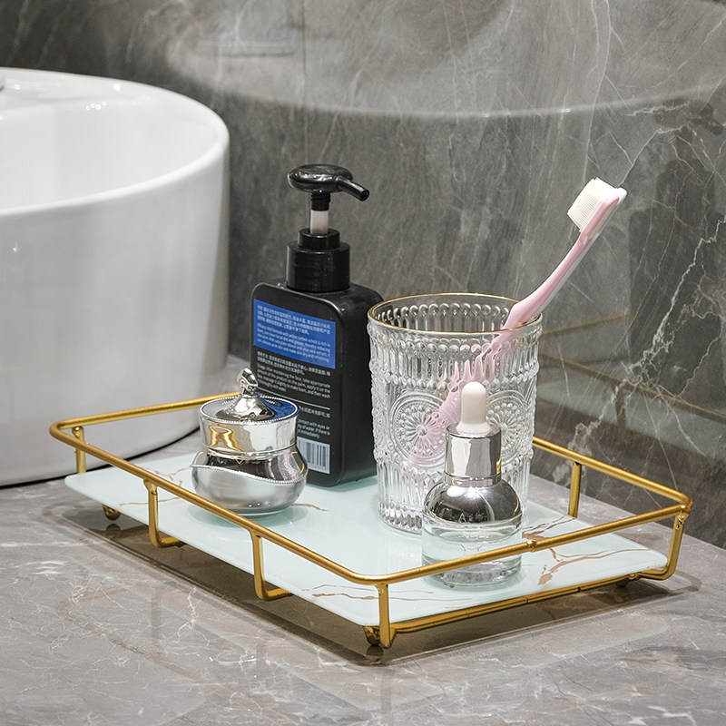 北欧卫生间桌面梳妆洗手洗漱台化妆品盒收纳香水护肤品置物架托盘