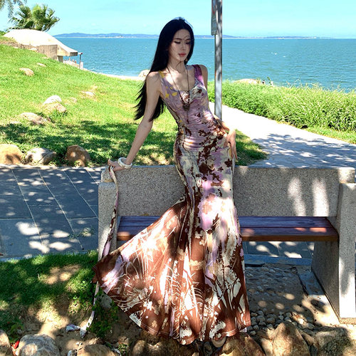 BALE海边丁达尔裙荡领手绘网纱收腰鱼尾背心连衣裙长裙小众不撞款
