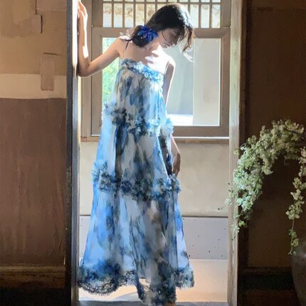 从一时刻叠云裳温柔云朵木耳边吊带纱裙氛围感连衣裙