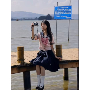 抚蝶女子夏季收腰水手jk制服女套装高腰显瘦a字裙纯色物语