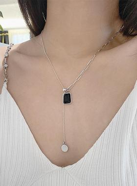 黑色锆石流苏项链925银几何抽拉式可调节锁骨链女ins冷淡风潮定制