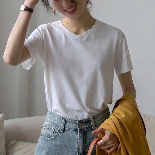 230g精细棉V领短袖t恤女宽松百搭显韩版2026款打底衫上衣定制