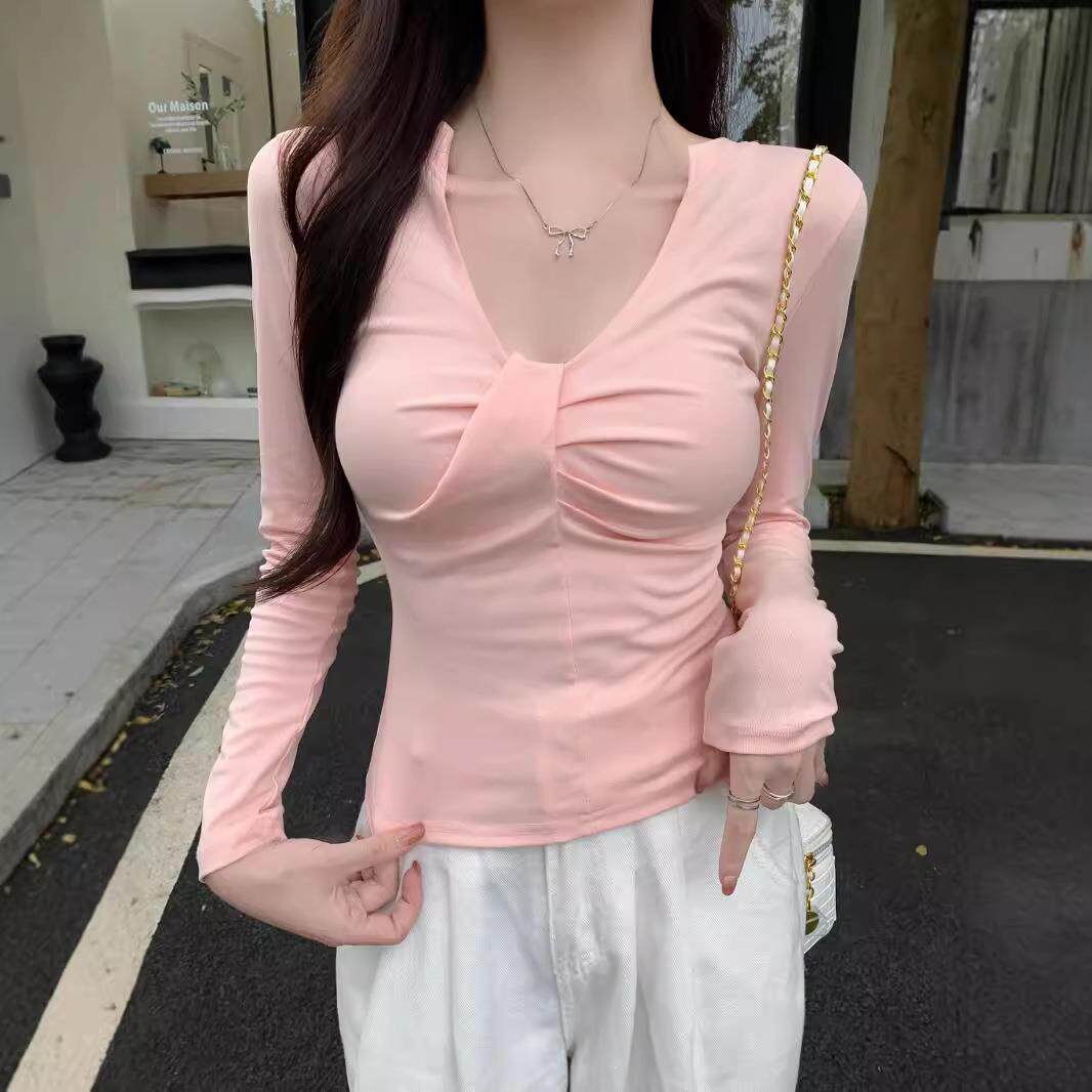 欲长袖粉色t恤2026秋冬新款修身显短款女扭结打底内搭上衣潮定制