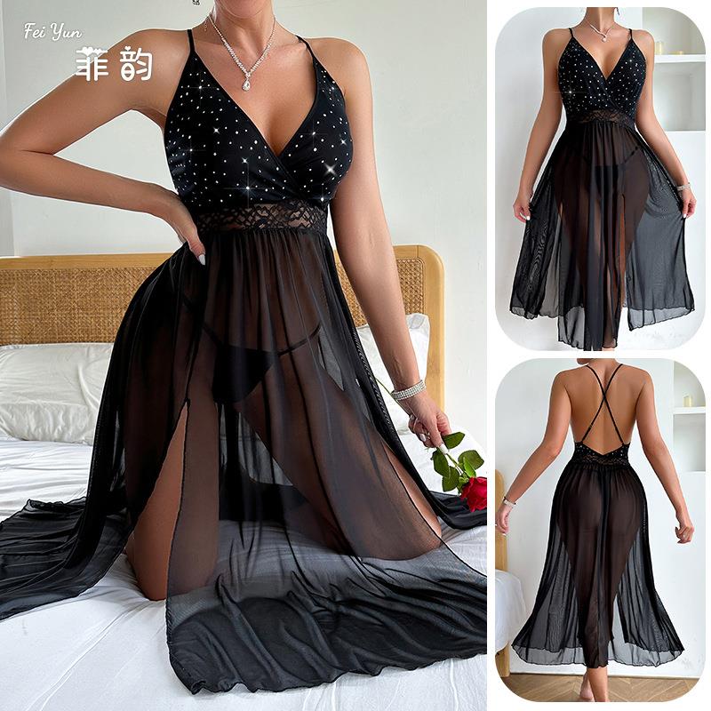 睡衣长裙透明长款亮闪闪吊带睡裙情趣内衣激情欲网纱装连体713定