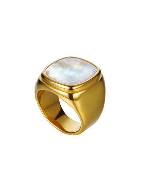 欧美ins风圆形白色贝母贝壳戒指 保色铜镀真金几何型钛钢贝壳定制