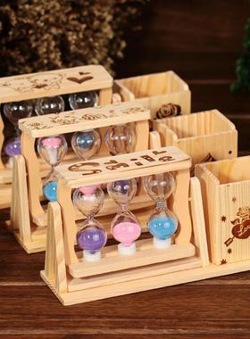 木质沙漏笔筒摆件3个流沙家居装饰品 创意小礼品学生文具定制