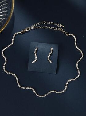 首饰二件套满钻颈链细款s型女士夏季百搭项链耳环套装