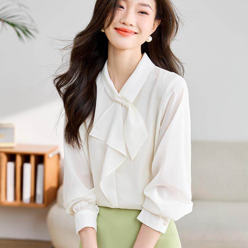 带内衬实拍 2026春季蝴蝶结长袖衬衫女高级感小众气质飘带上定制