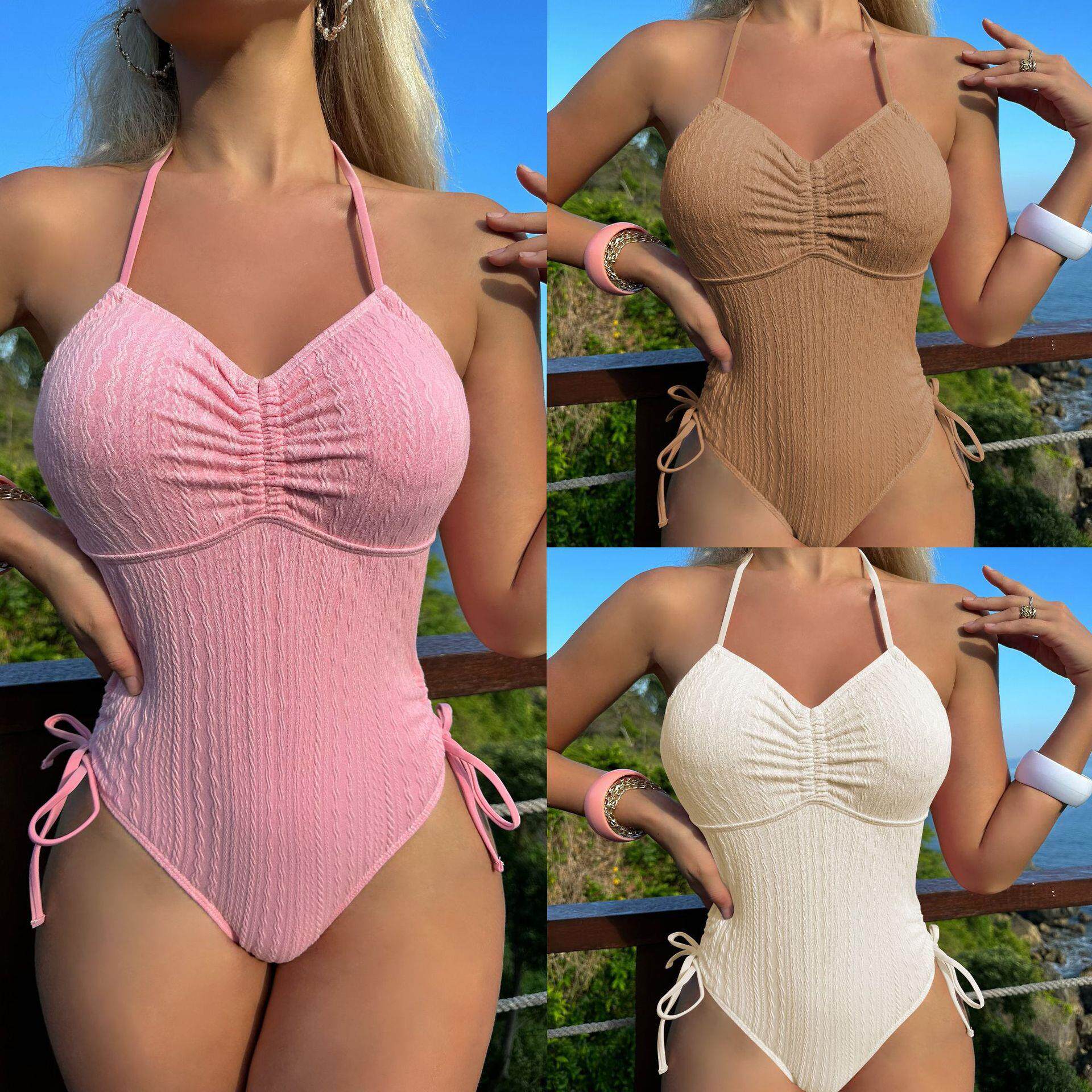 2026欧美新款特种面料连体泳装泳衣抽绳绑带比基尼bikini