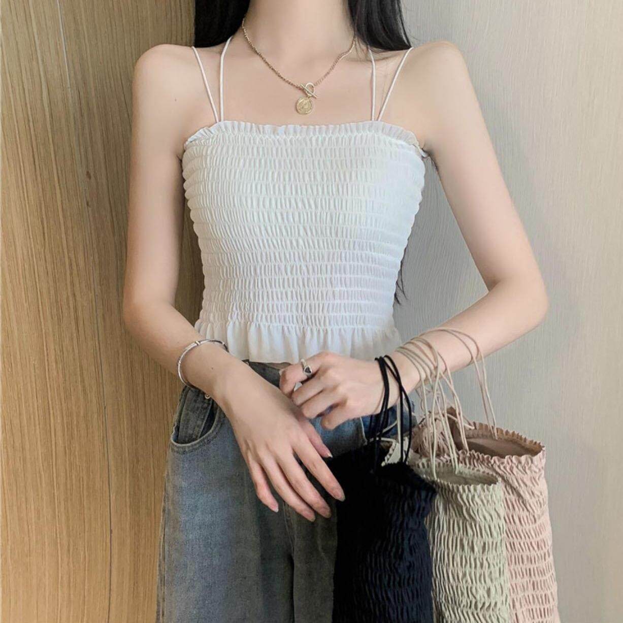 欲褶皱木耳边交叉吊带美背带胸垫裹胸抹胸内衣女内搭双肩带背定制