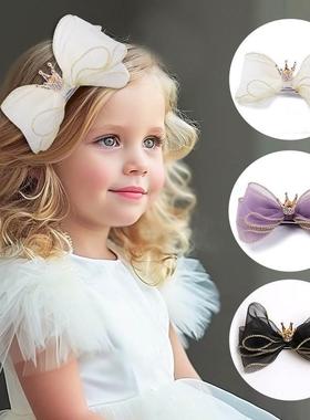 80708三层立体欧根纱蝴蝶结发夹 儿童皇冠顶夹发饰 黑黄粉色发夹