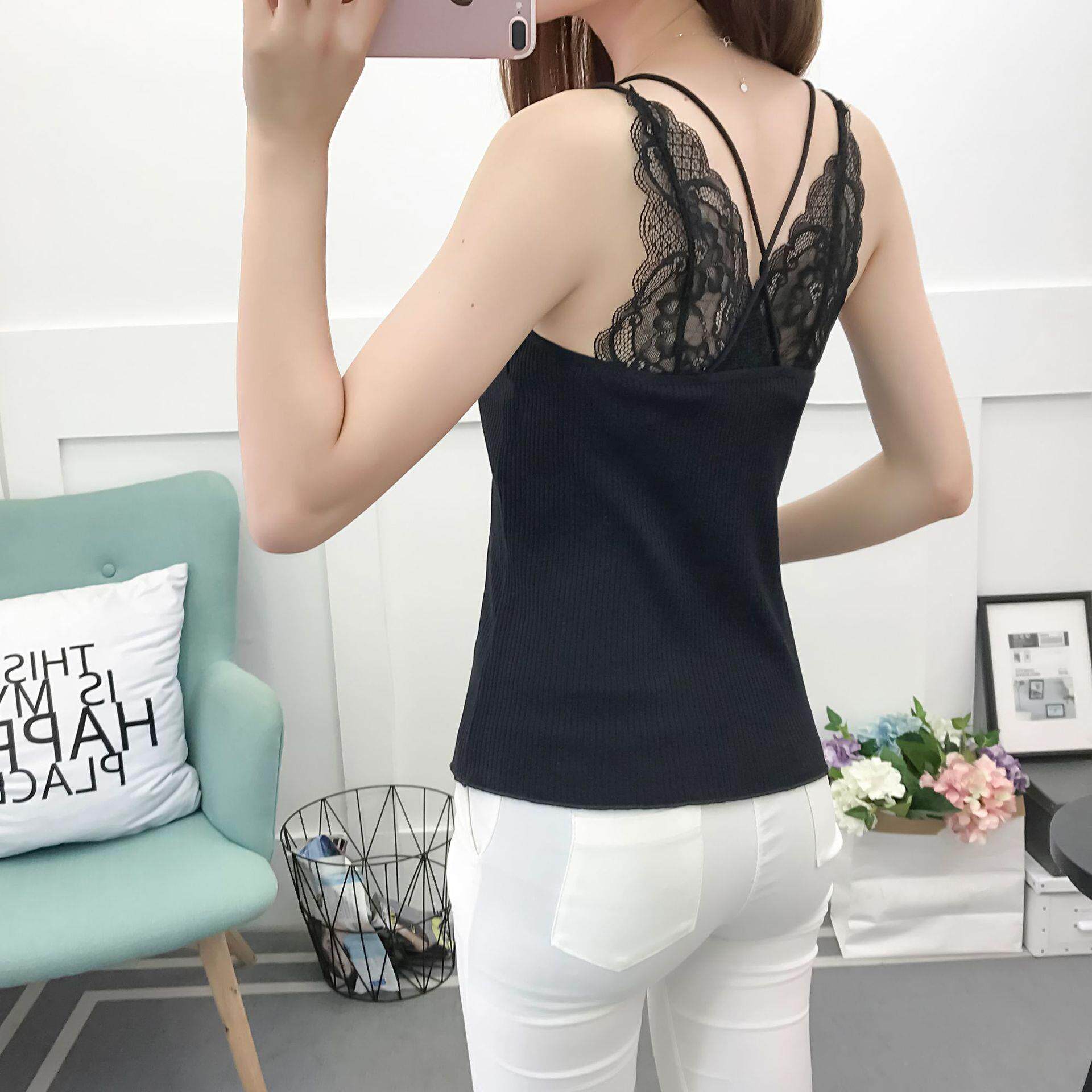 黛尔琪新款双肩带睫毛蕾丝色吊带背心女美背外穿内搭打底衫定制