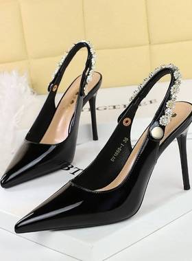1859-K109欧美高跟鞋尖头浅口单鞋女珍珠水钻后空后绊带细跟女鞋
