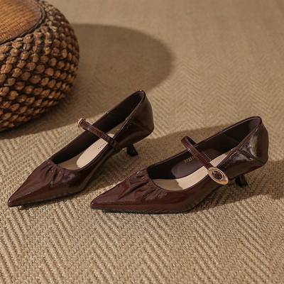 3519时尚法式褶皱软皮尖头气质一字带高跟鞋女细跟单鞋中跟不累脚