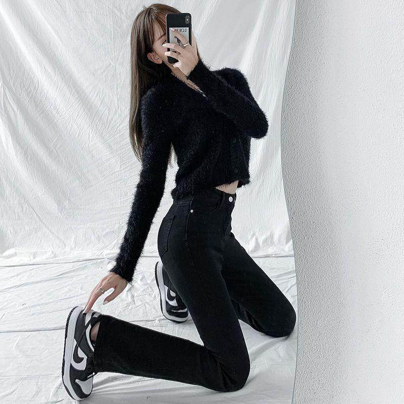 黑色微喇牛仔裤女秋冬新款小个子弹力紧身高腰显显高喇叭马蹄裤定