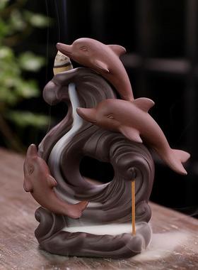 新品紫砂到流香炉工艺礼品摆件 北欧风格海豚倒流香薰炉原创定制