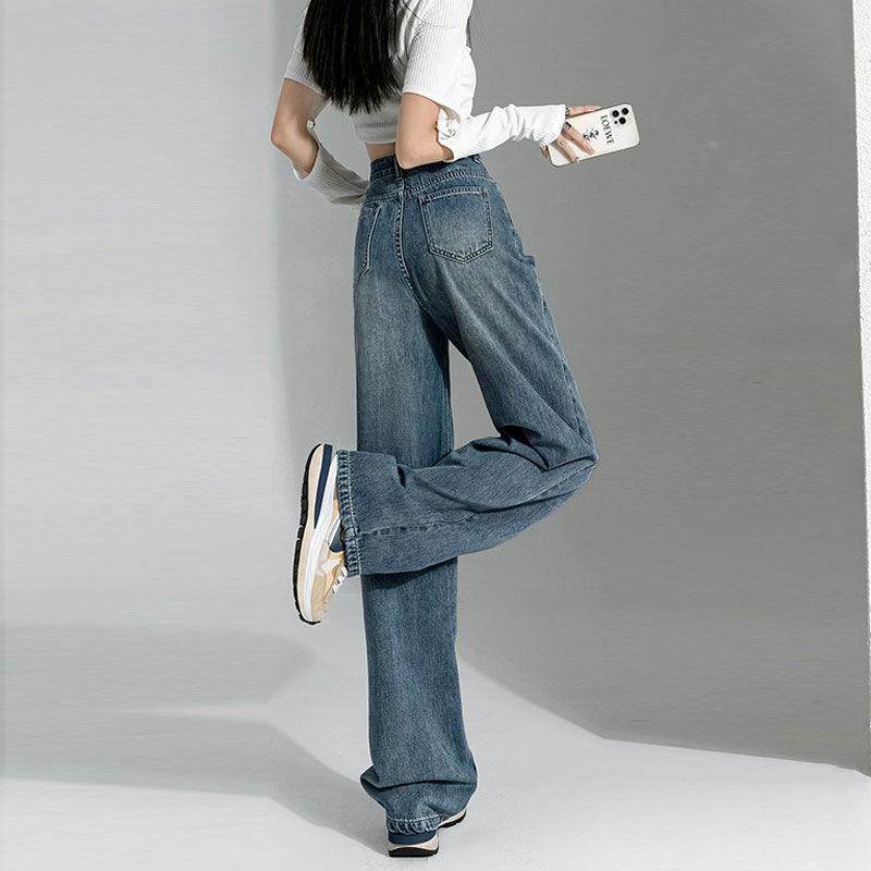 浅色微喇牛仔裤女怀旧美式高腰修身直筒小众弹力马蹄裤喇叭长裤子