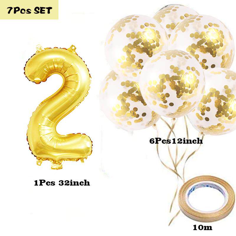 32寸铝箔数字气球金色0123456789生日派对装饰12寸纸屑亮片气球定