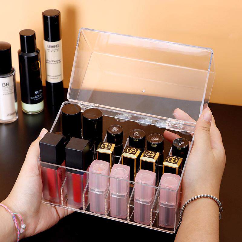 口红收纳盒防尘桌面装化妆品指甲油带盖透明亚克力唇釉口红置物架