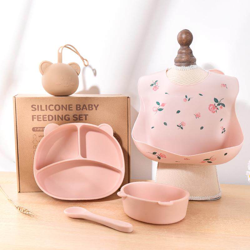 儿童餐盘宝宝辅食碗硅胶围兜硅胶勺卡通小熊造型带吸盘餐盘定制