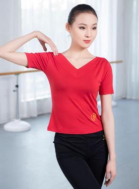 红舞鞋 丝光棉前V后圆短袖女上衣瑜伽练功服广场舞蹈服35061定制