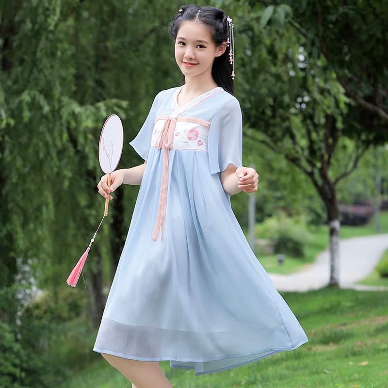 少女改良汉服中国风初中高中学生连衣裙夏装超仙飘逸古风仙女长裙 女装/女士精品 民族服装/舞台装 原图主图