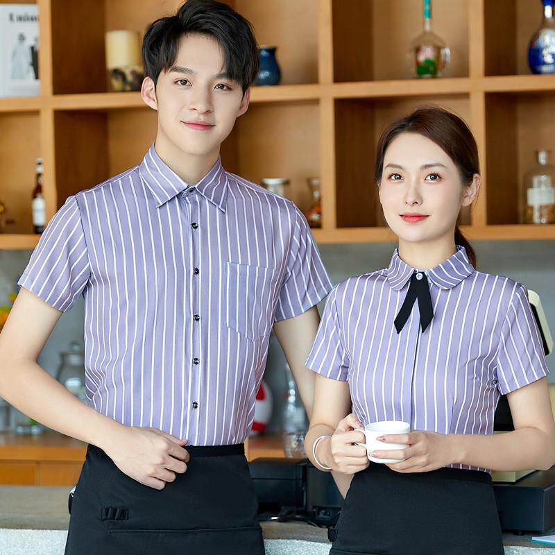男女短袖条纹衬衫咖啡厅夏装女奶茶火锅前台收银酒店服务员工作服