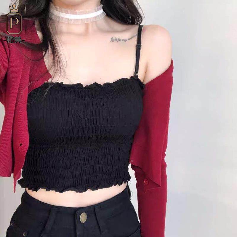 美背蕾丝吊带内衣裹胸外穿韩版木耳花边褶皱打底带胸垫抹胸女定制
